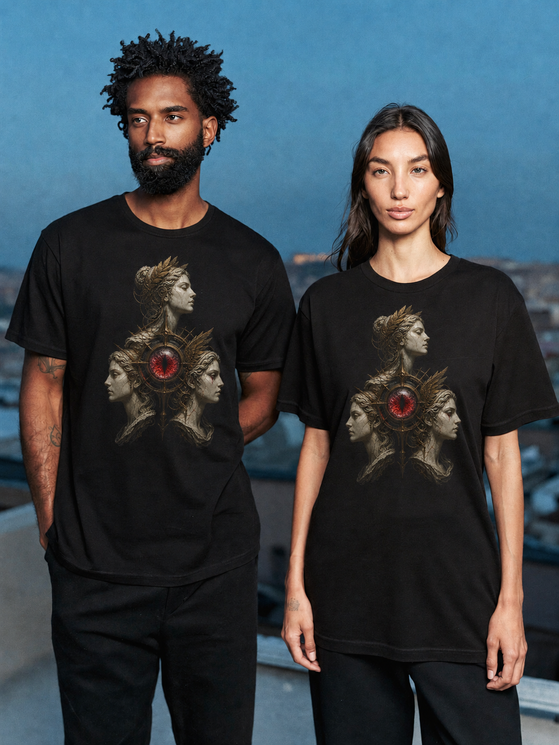 Graeae Shared Eye black T-shirt — couple Athens lifestyle shot 05