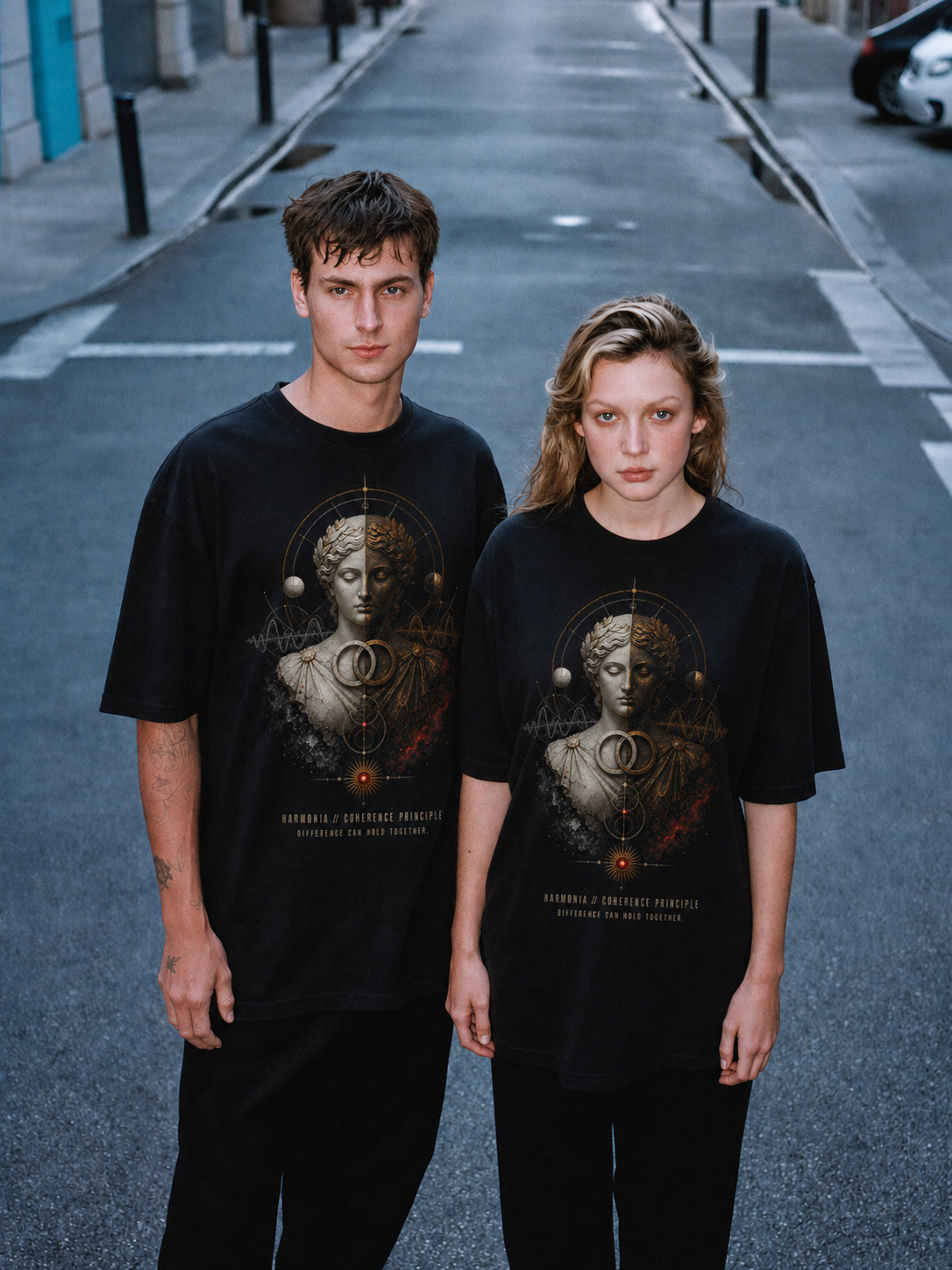 Harmonia Coherence Principle black T-shirt — couple Athens lifestyle shot 05
