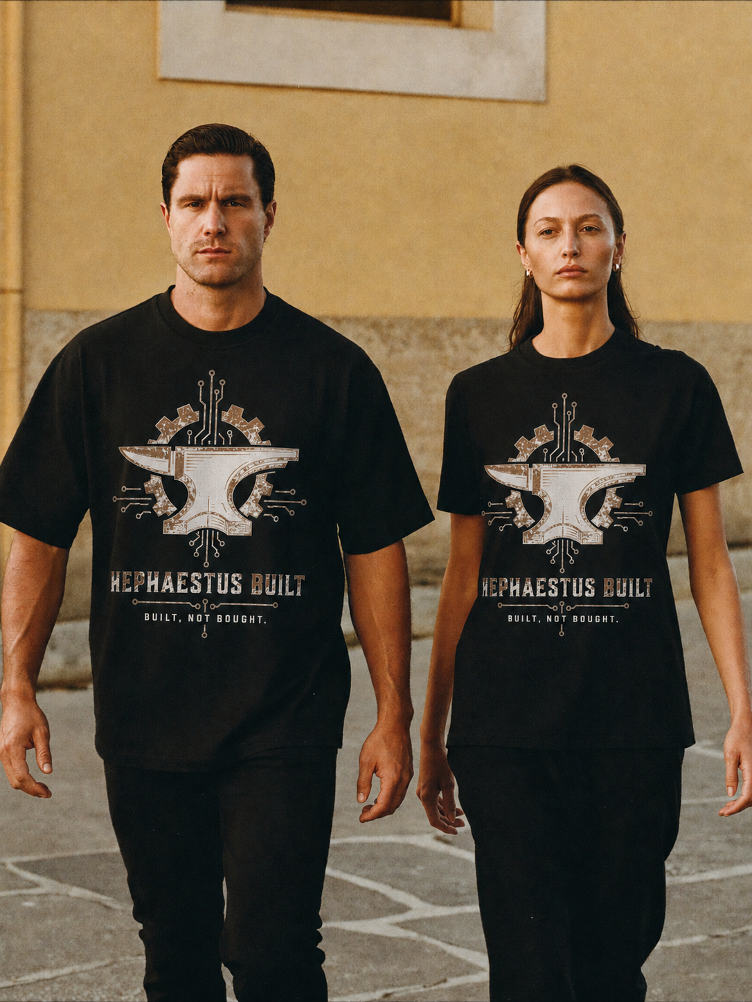 Hephaestus Built black T-shirt — couple Athens lifestyle view 1