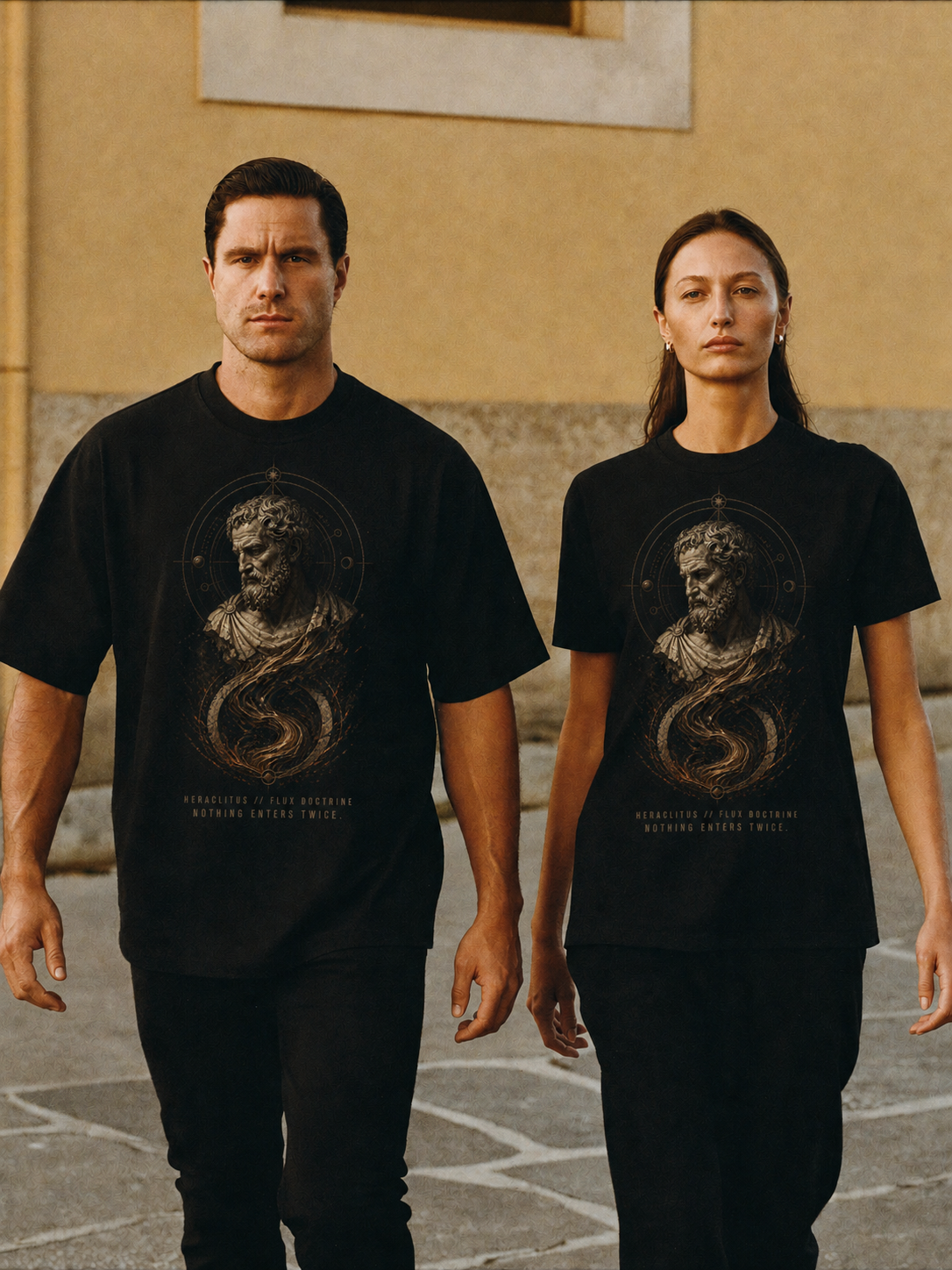 Heraclitus Flux Doctrine black T-shirt — couple Athens lifestyle shot 05