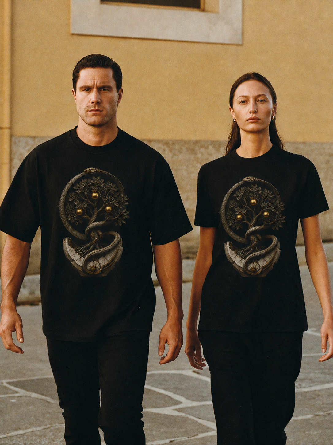 Hesperides Golden Orchard black T-shirt — couple Athens lifestyle shot 05