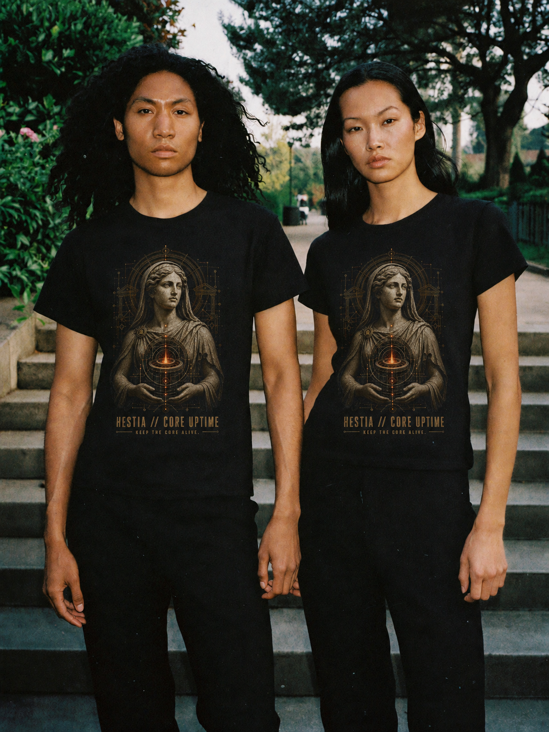 Hestia Core Uptime black T-shirt — couple Athens lifestyle shot 05