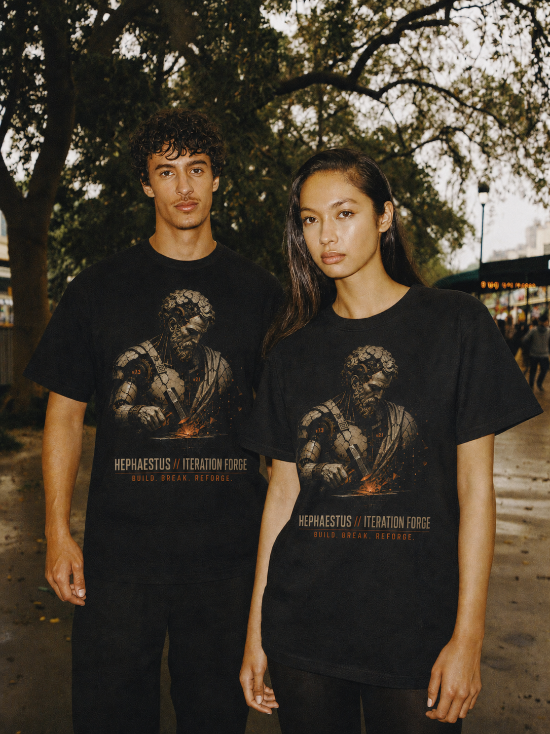 Hephaestus Iteration Forge black T-shirt — couple Athens lifestyle view 1