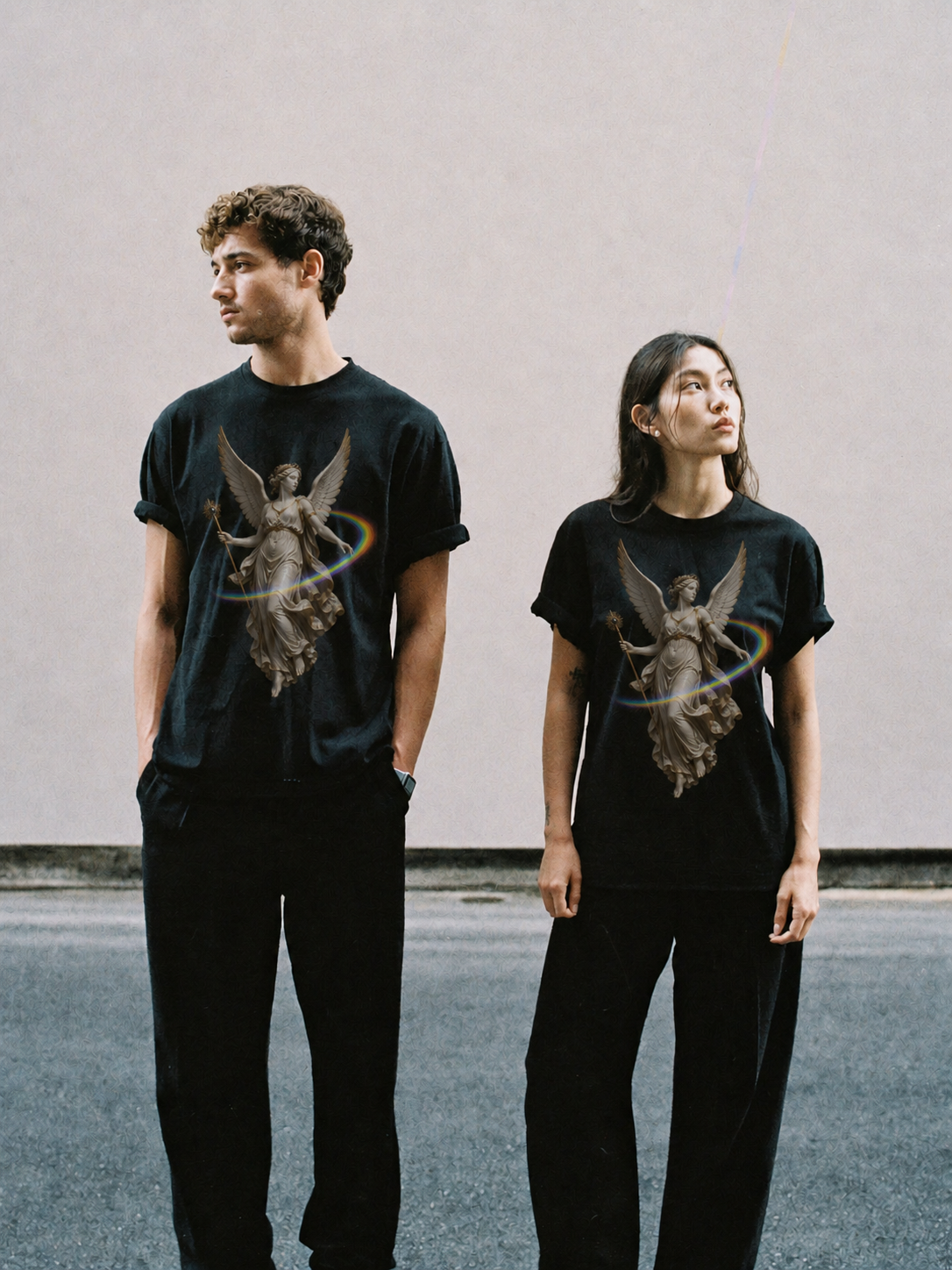Iris Prism Arc black T-shirt — couple Athens lifestyle shot 05