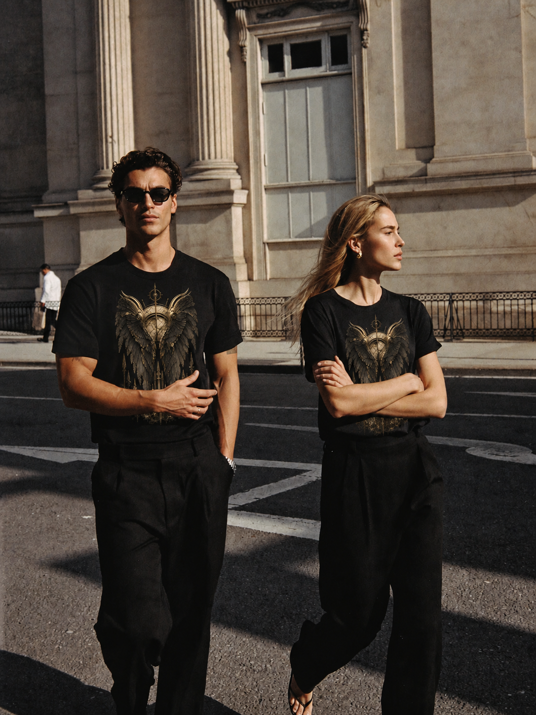 Keres Black Wings black T-shirt — couple Athens lifestyle shot 05
