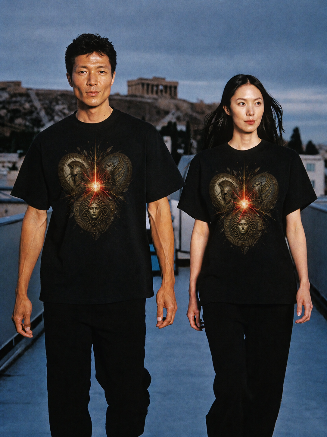 Kouretes Shield Circle black T-shirt — couple Athens lifestyle shot 05