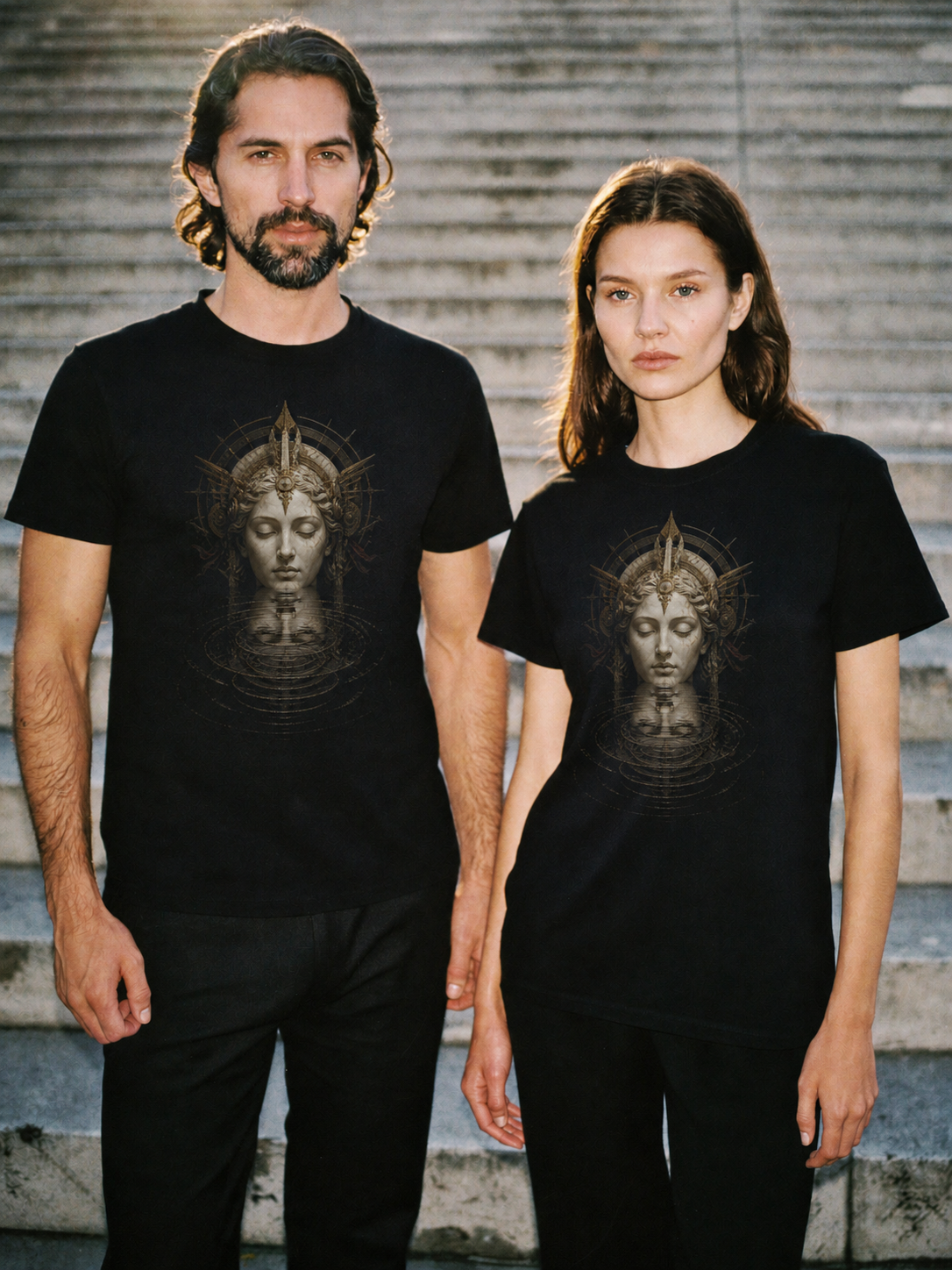Lethe Vanishing Reflection black T-shirt — couple Athens lifestyle shot 05