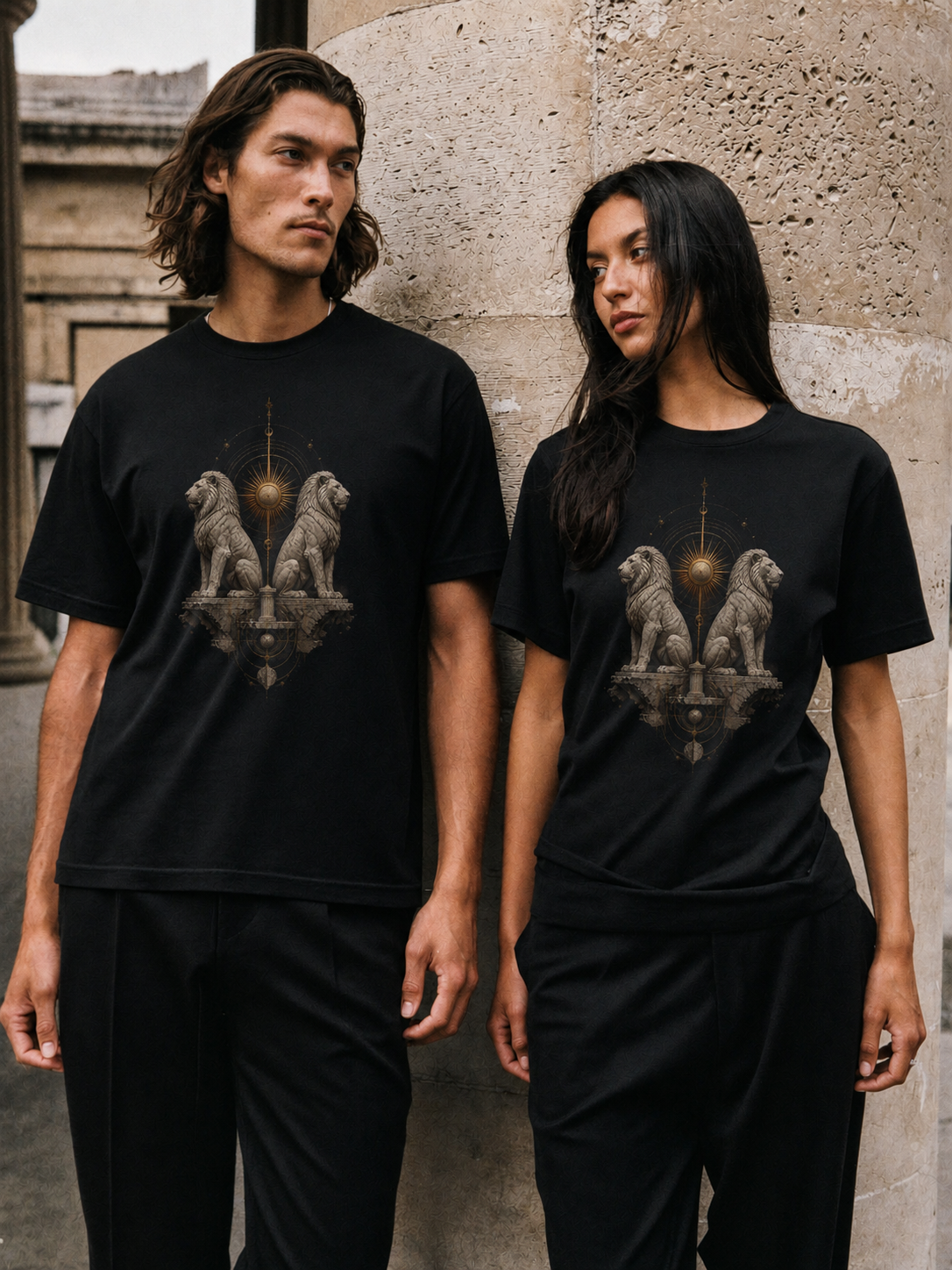 Lions of Delos black T-shirt — couple Athens lifestyle shot 05