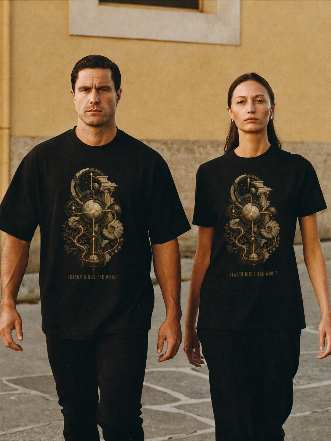 Logos Coherent Order black T-shirt — couple Athens lifestyle shot 05