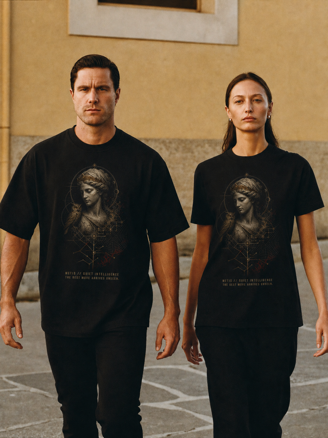 Metis Quiet Intelligence black T-shirt — couple Athens lifestyle shot 05