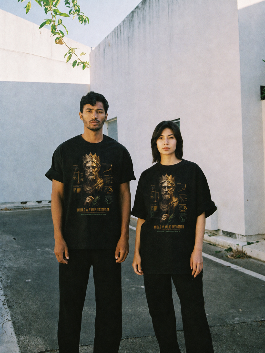 Midas Value Distortion black T-shirt — couple Athens lifestyle shot 05