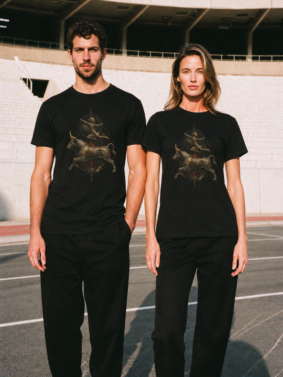 Minoan Bull Leap black T-shirt — couple Athens lifestyle shot 05