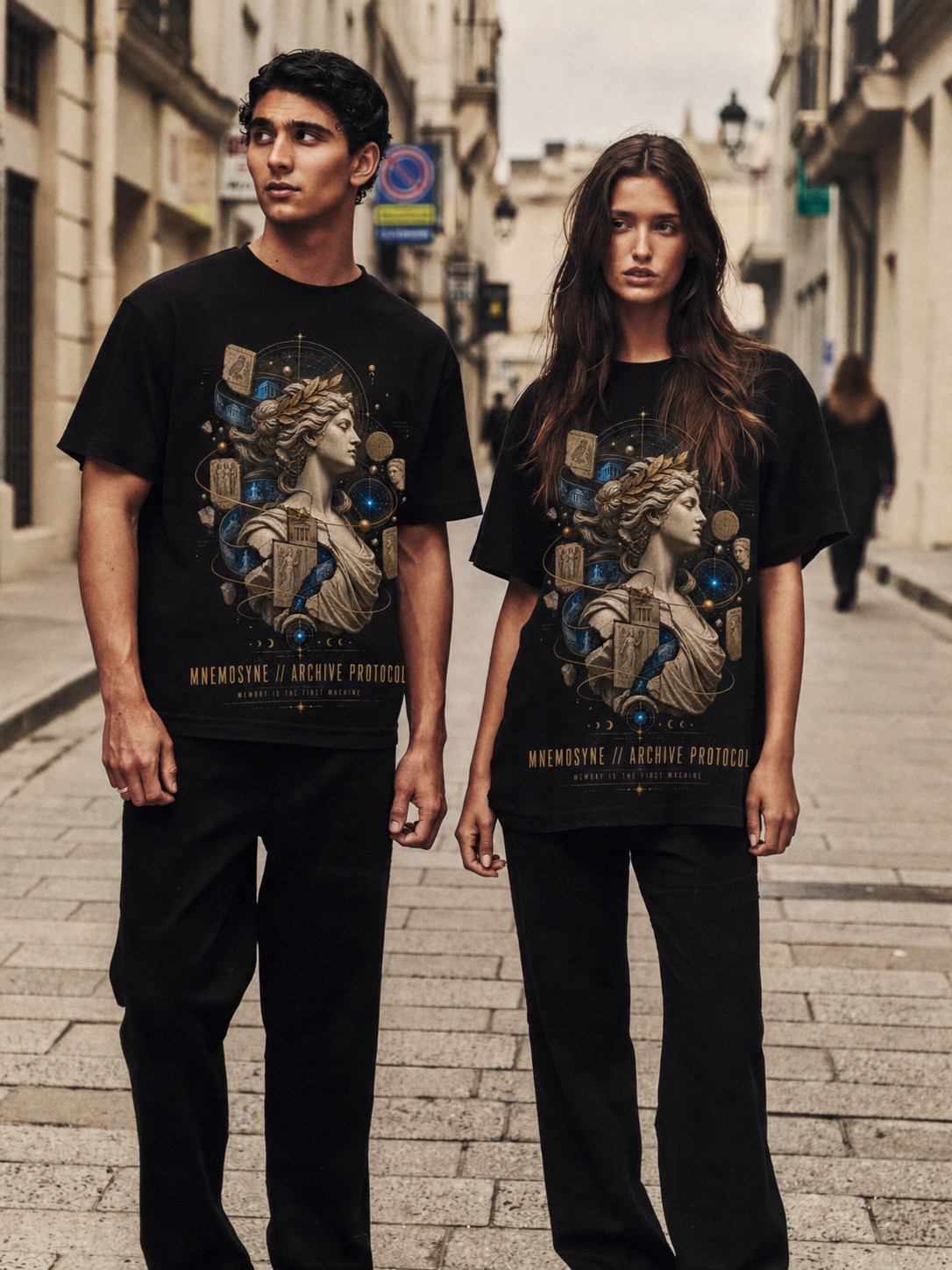 Mnemosyne Archive Protocol black T-shirt — couple Athens lifestyle shot 05