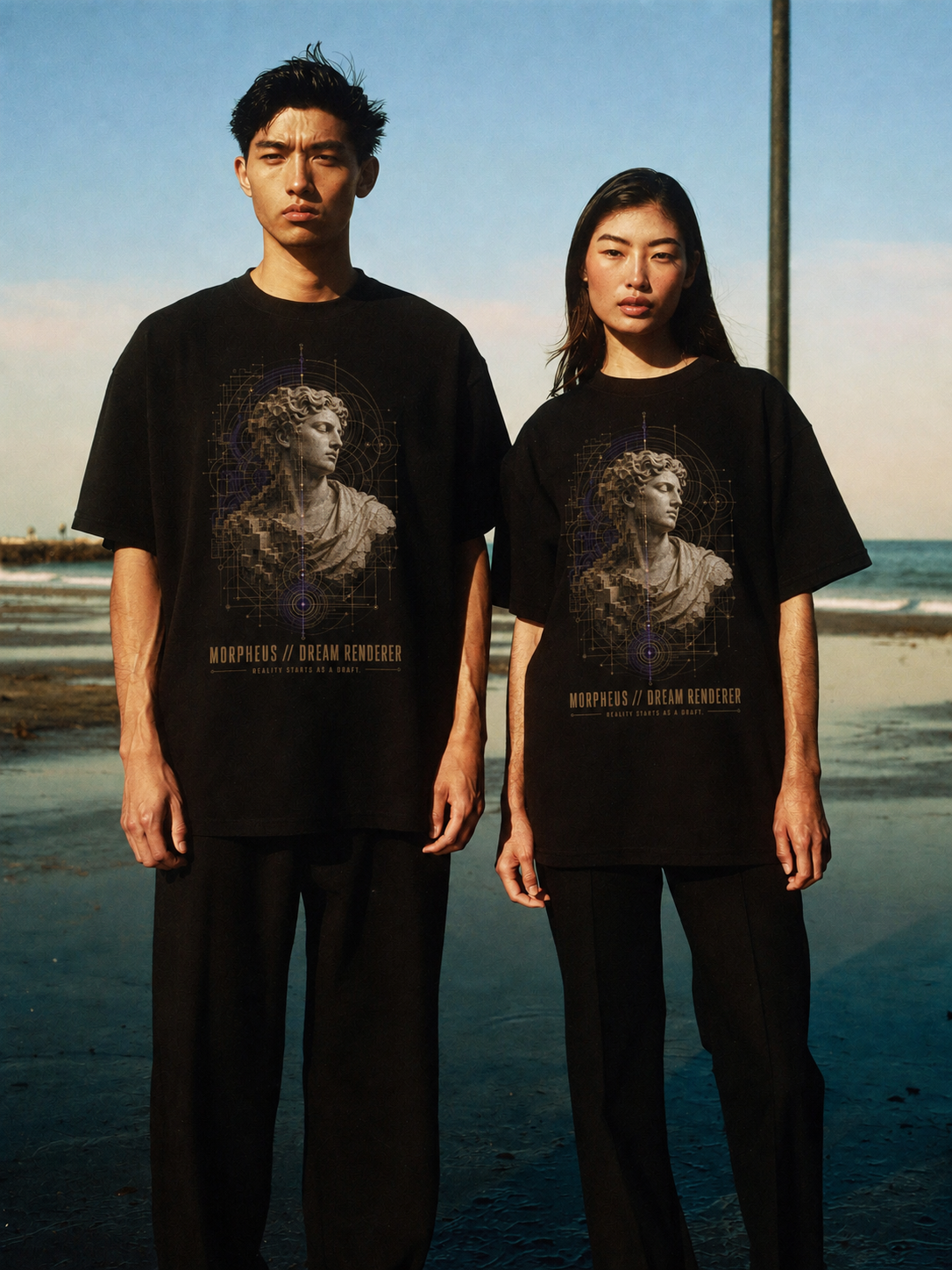 Morpheus Dream Renderer black T-shirt — couple Athens lifestyle shot 05