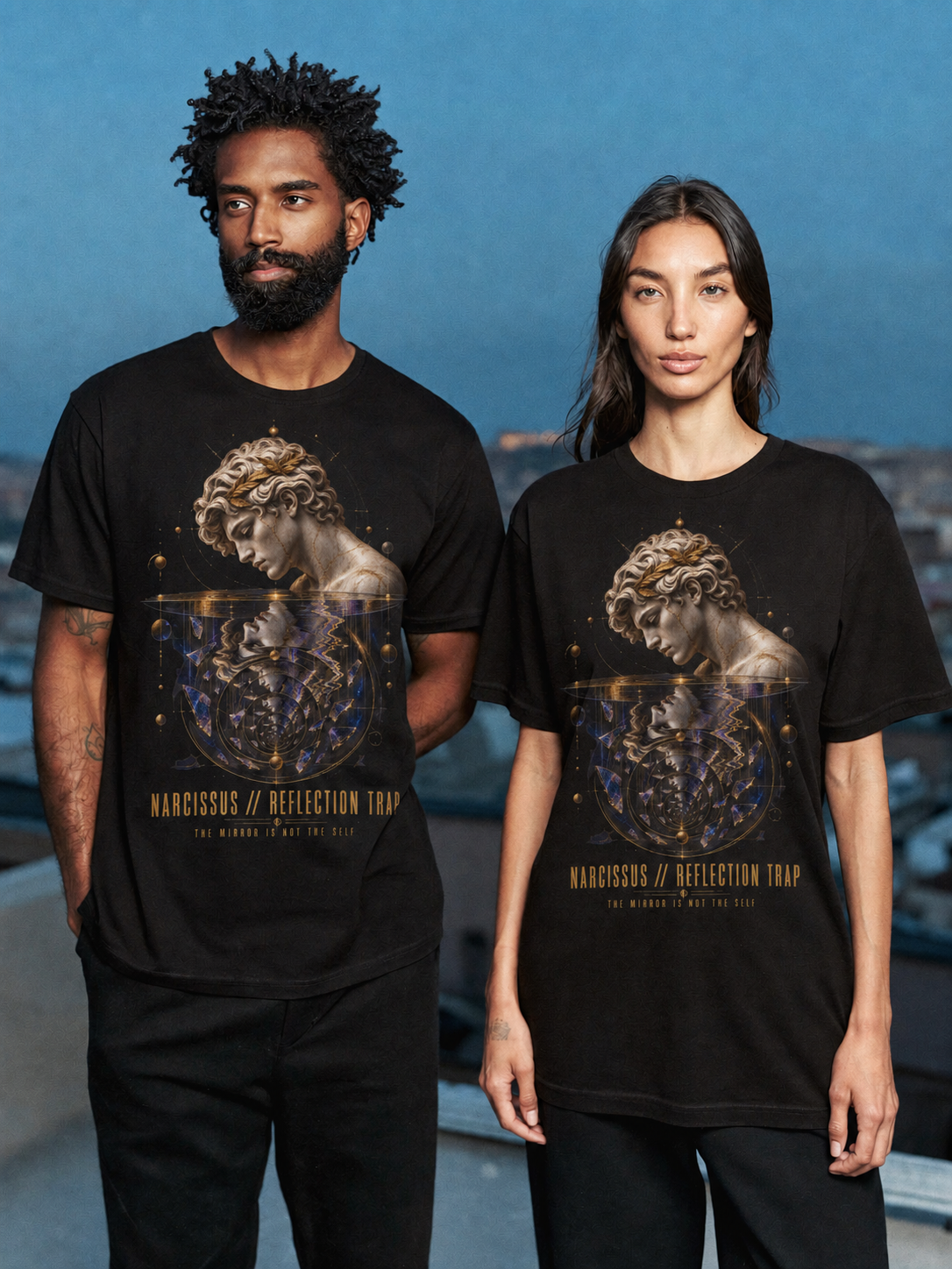 Narcissus Reflection Trap black T-shirt — couple Athens lifestyle shot 05