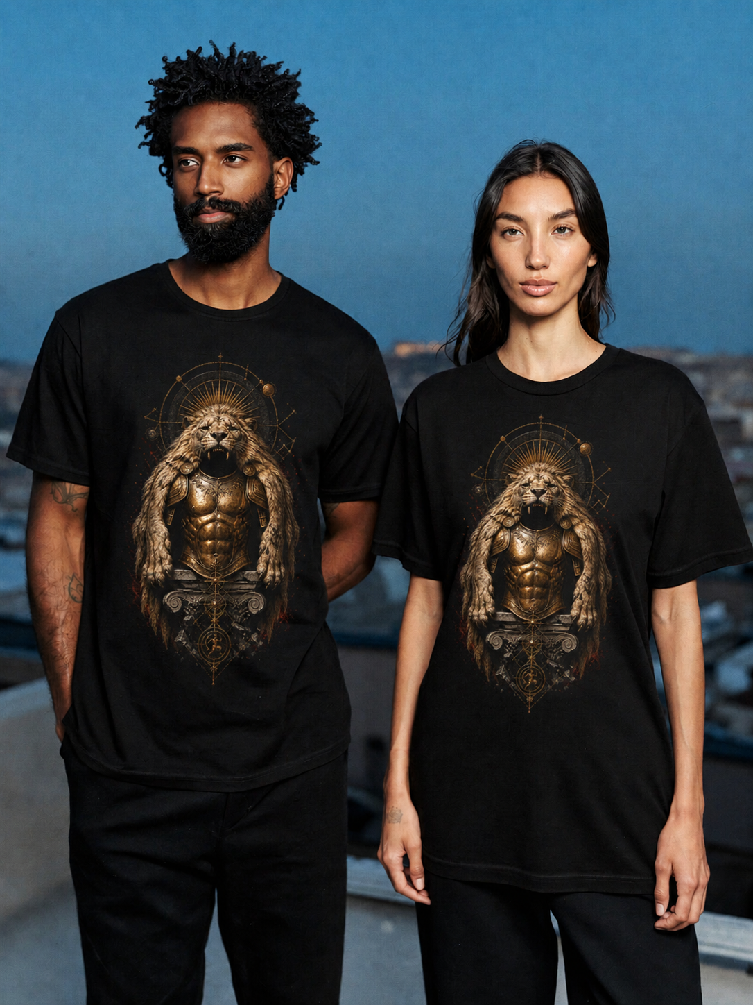 Nemean Lion Mantle black T-shirt — couple Athens lifestyle shot 05
