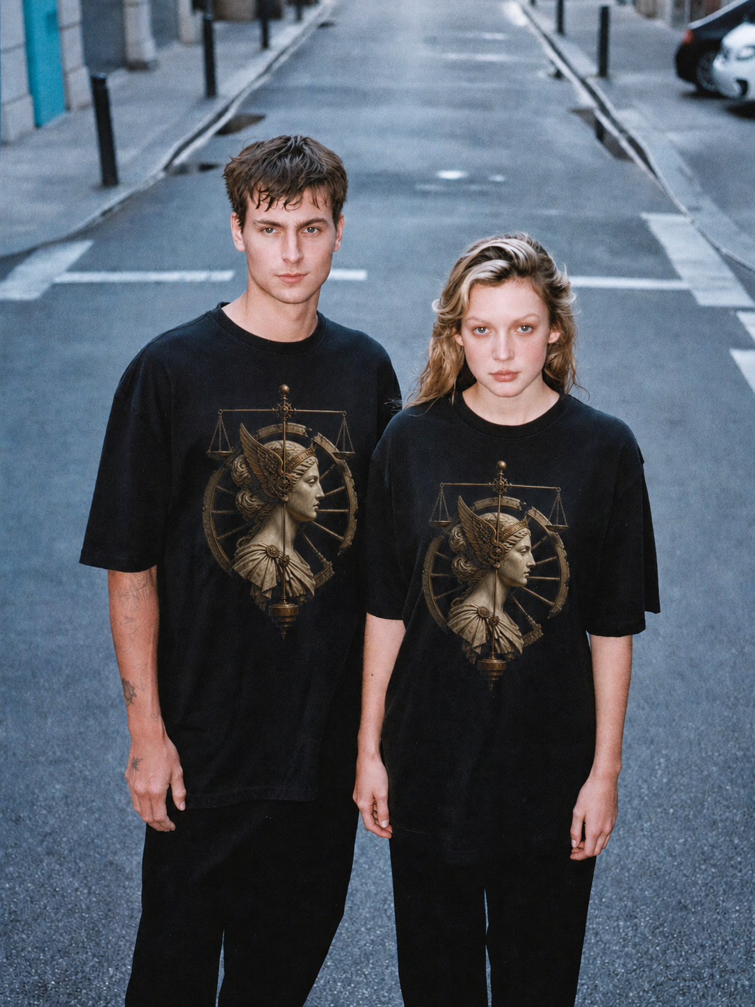 Nemesis Wheel black T-shirt — couple Athens lifestyle shot 05