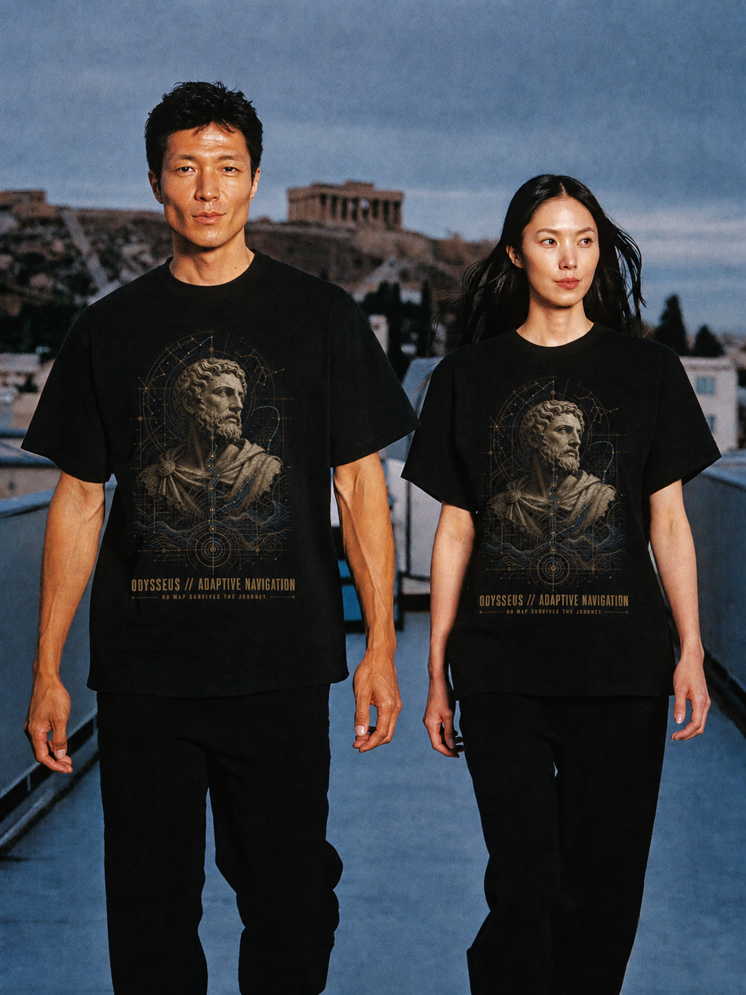 Odysseus Adaptive Navigation black T-shirt — couple Athens lifestyle shot 05