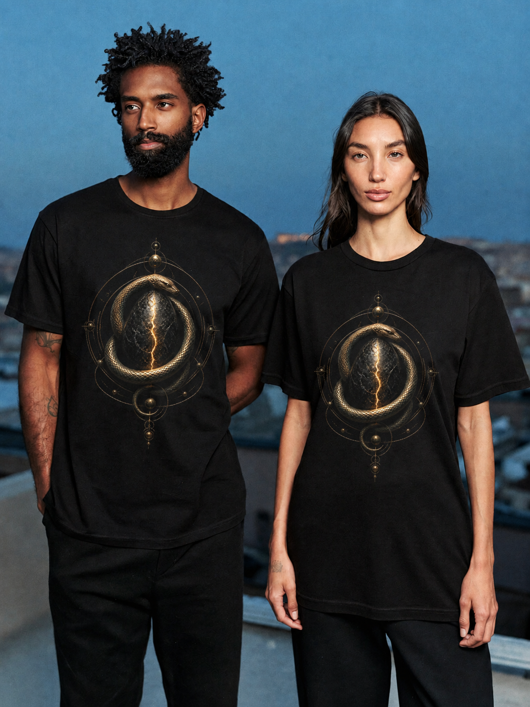 Orphic Cosmic Egg black T-shirt — couple Athens lifestyle shot 05