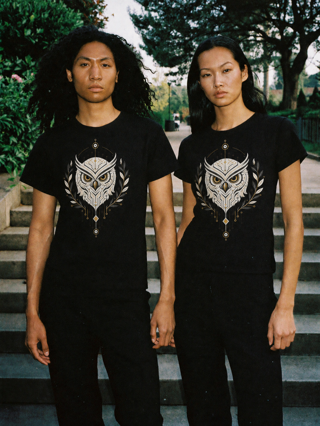 Owl of Wisdom black T-shirt — couple Athens lifestyle view 1