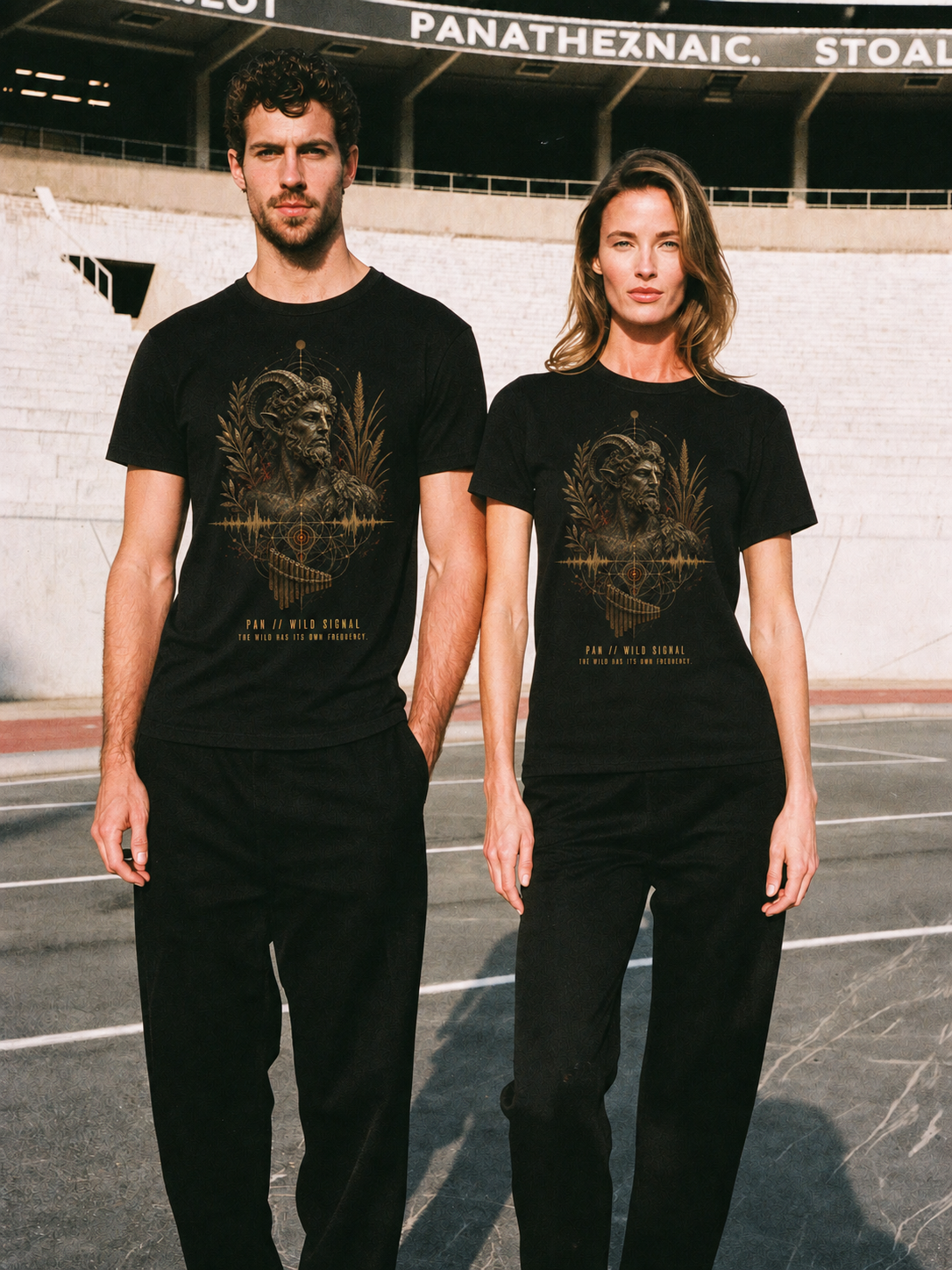 Pan Wild Signal black T-shirt — couple Athens lifestyle shot 05