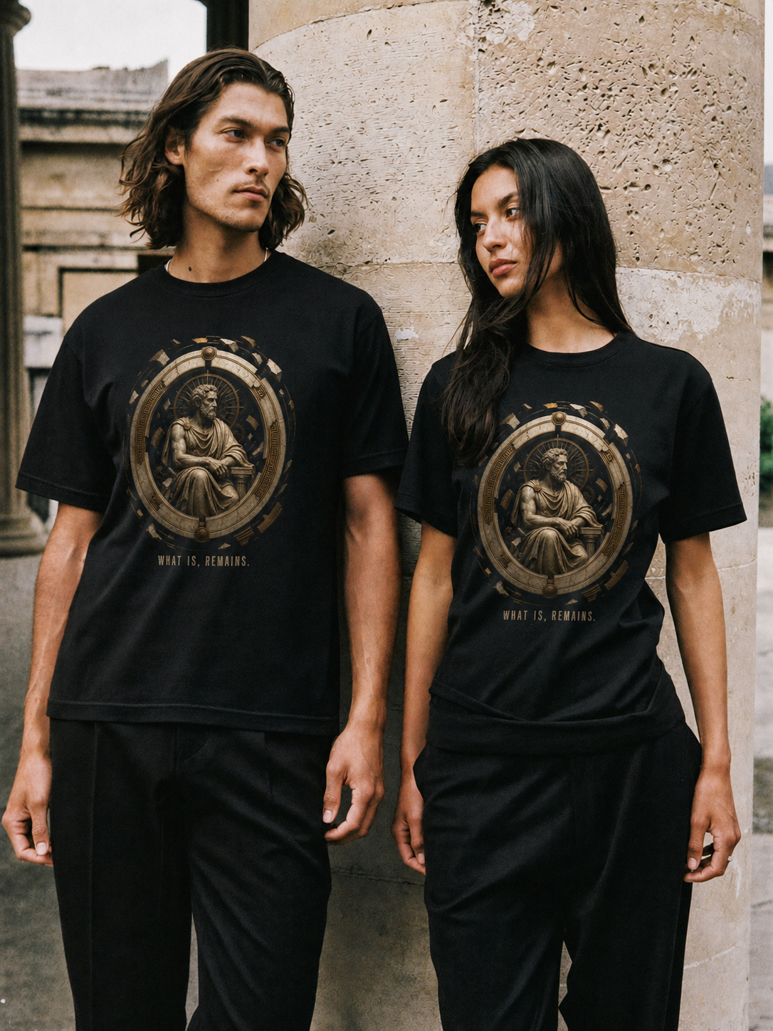 Parmenides Being State black T-shirt — couple Athens lifestyle shot 05