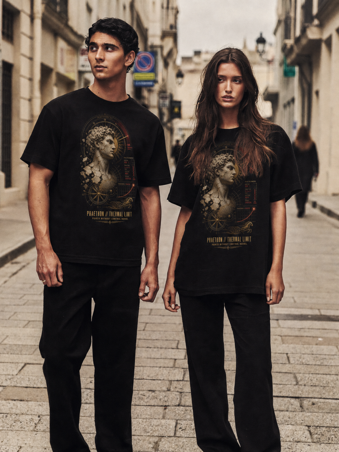 Phaethon Thermal Limit black T-shirt — couple Athens lifestyle shot 05