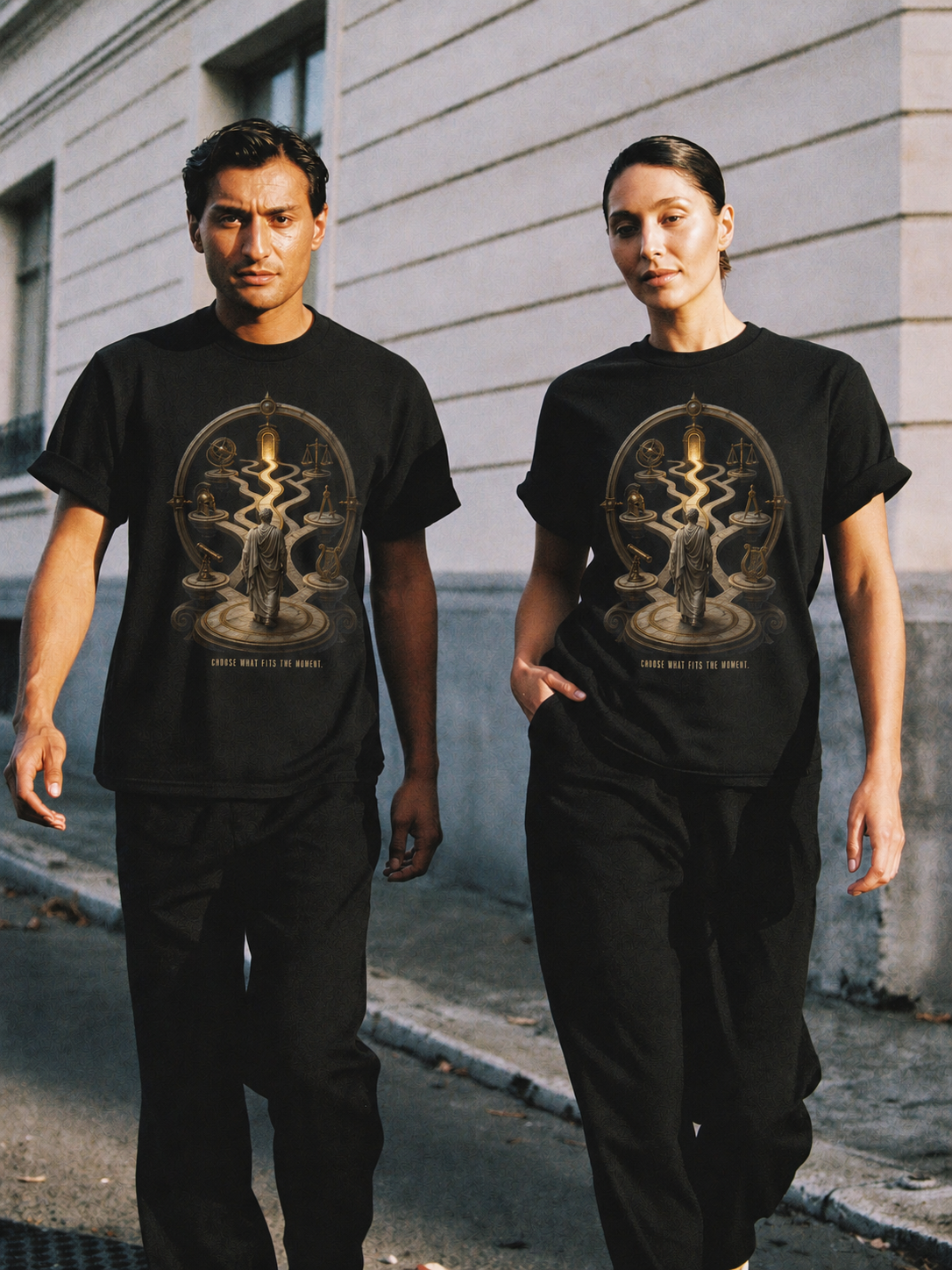 Phronesis Practical Wisdom black T-shirt — couple Athens lifestyle shot 05