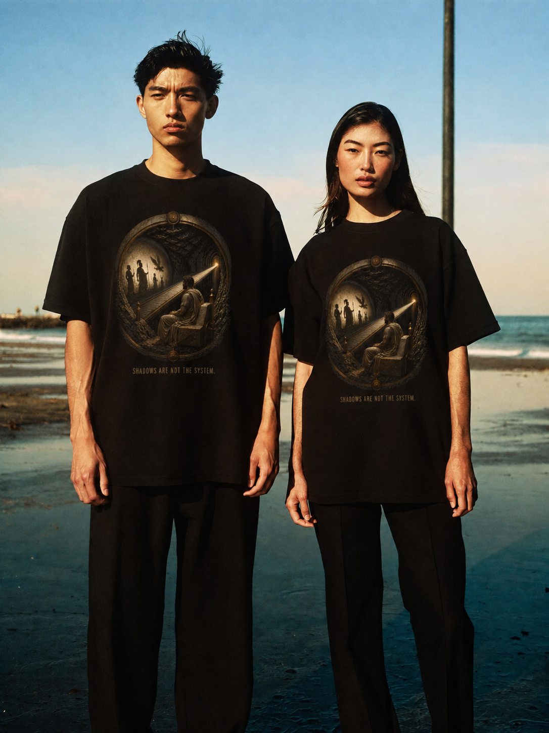 Plato Cave Protocol black T-shirt — couple Athens lifestyle shot 05
