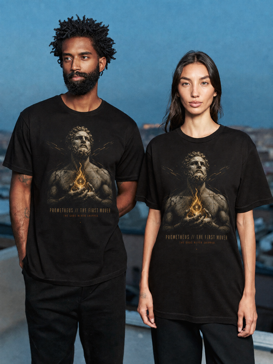 Prometheus First Mover black T-shirt — couple Athens lifestyle view 1