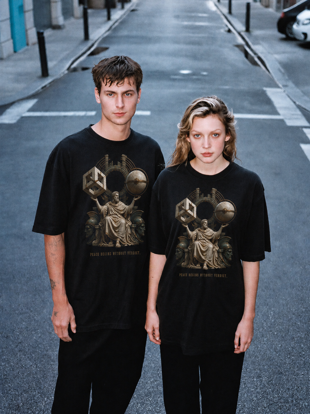 Pyrrho Suspension Mode black T-shirt — couple Athens lifestyle shot 05