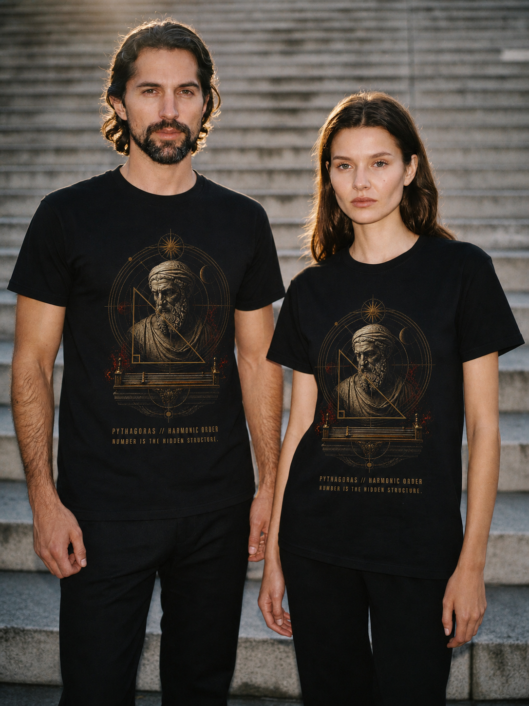 Pythagoras Harmonic Order black T-shirt — couple Athens lifestyle shot 05