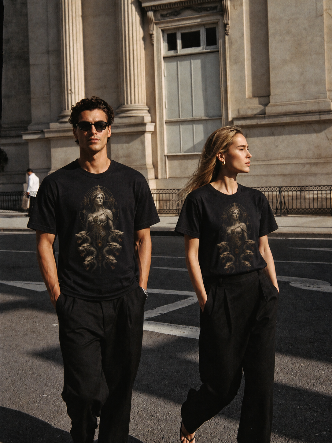 Scylla Below the Strait black T-shirt — couple Athens lifestyle shot 05