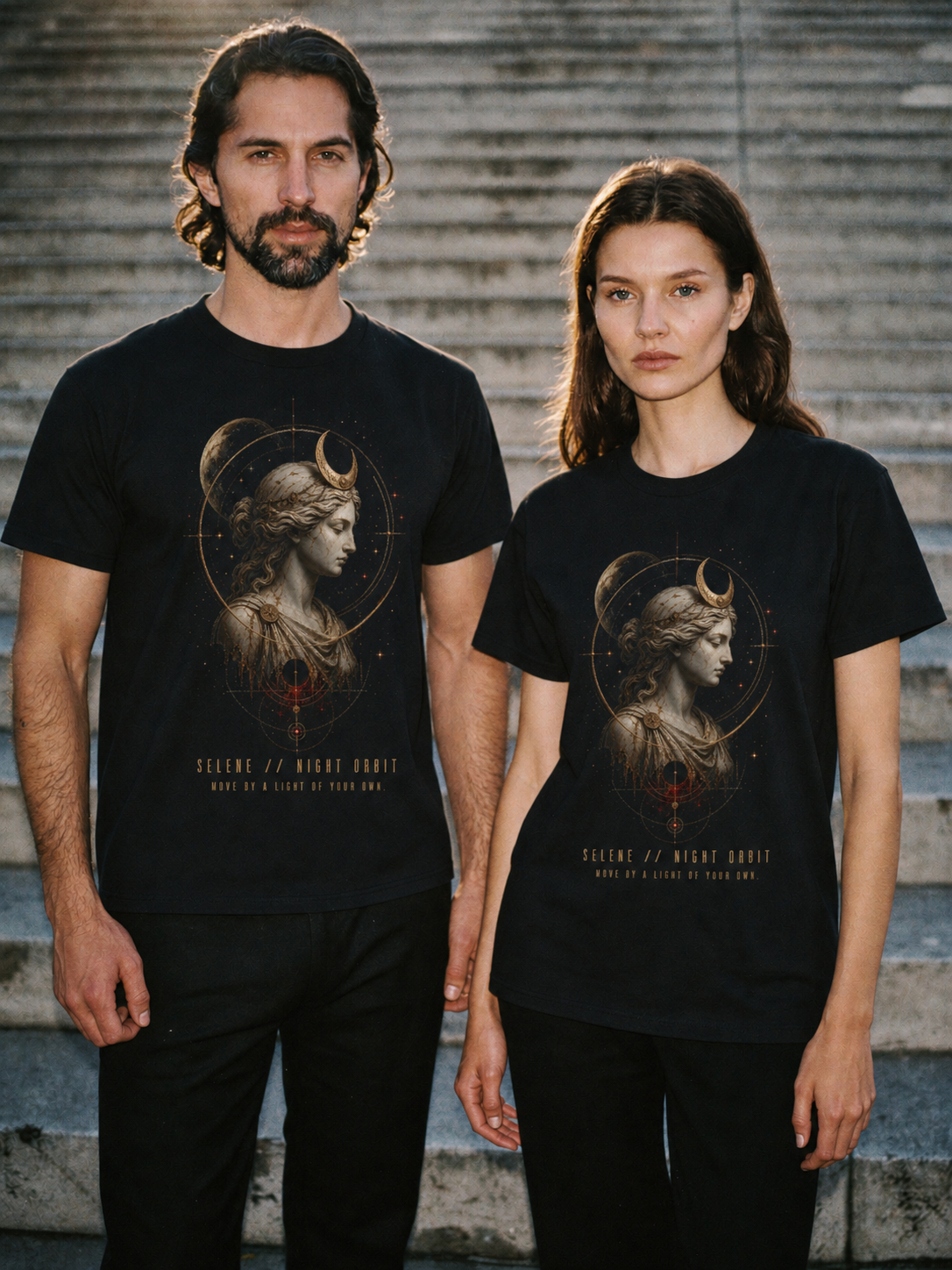 Selene Night Orbit black T-shirt — couple Athens lifestyle shot 05