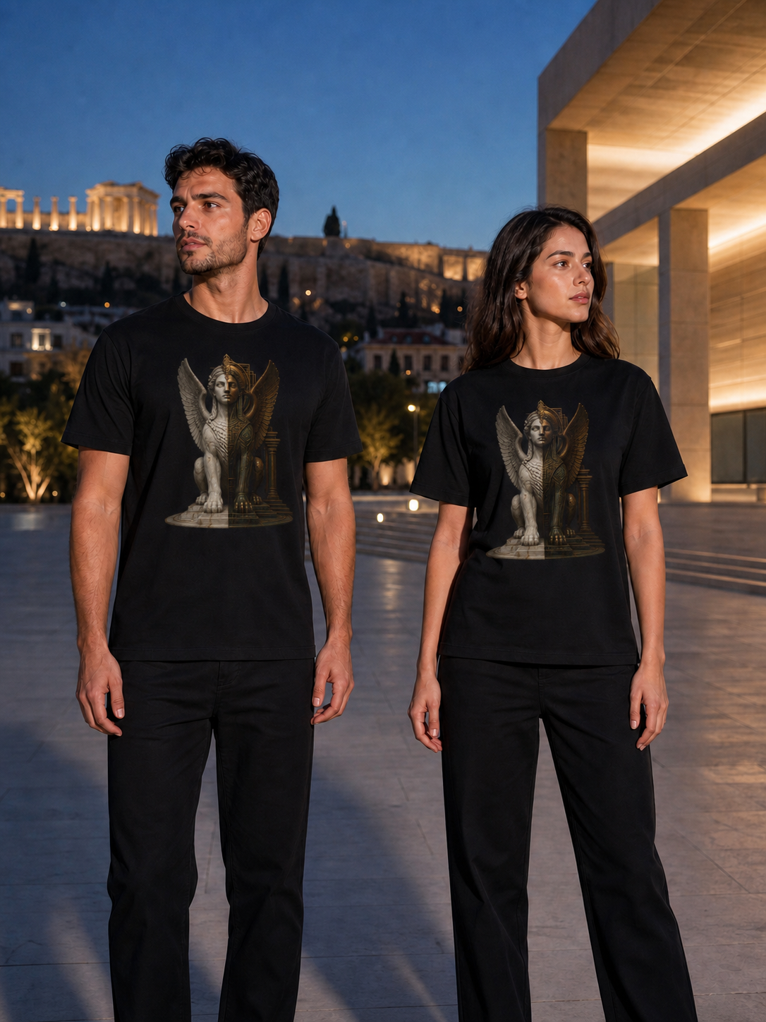 Sphinx Gate black T-shirt — couple Athens lifestyle shot 05