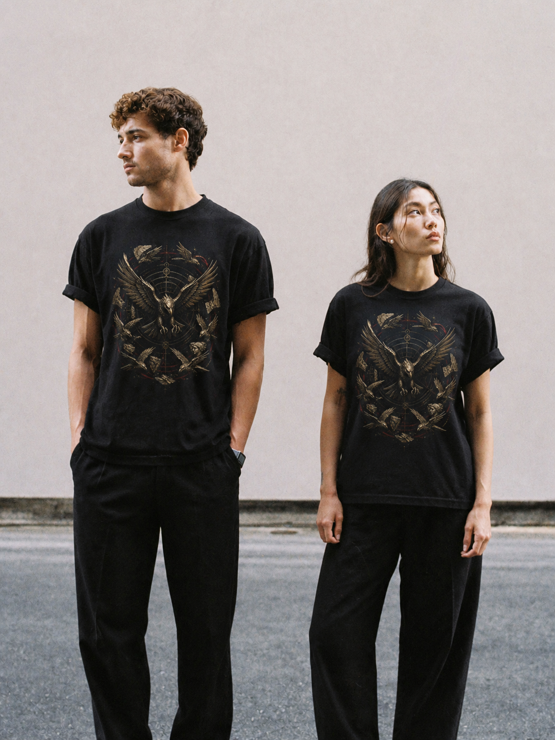 Stymphalian Metal Flock black T-shirt — couple Athens lifestyle shot 05