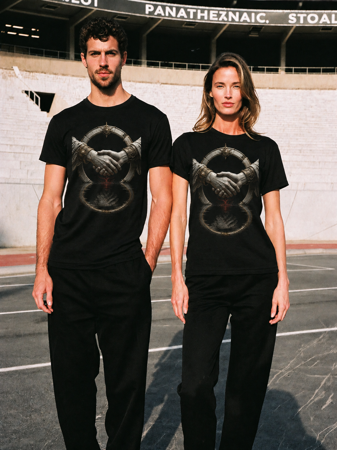 Styx Oath Current black T-shirt — couple Athens lifestyle shot 05
