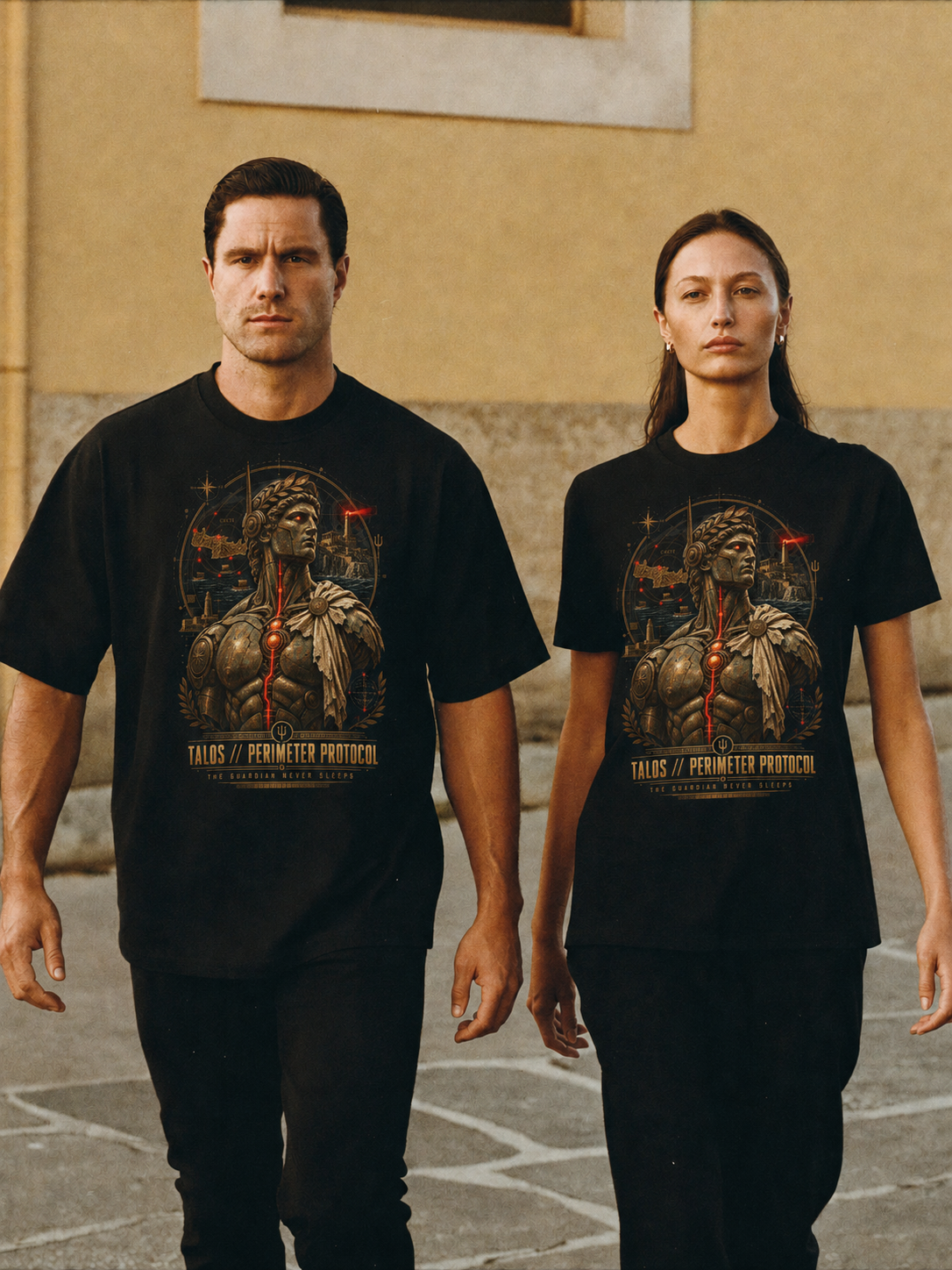 Talos Perimeter Protocol black T-shirt — couple Athens lifestyle shot 05