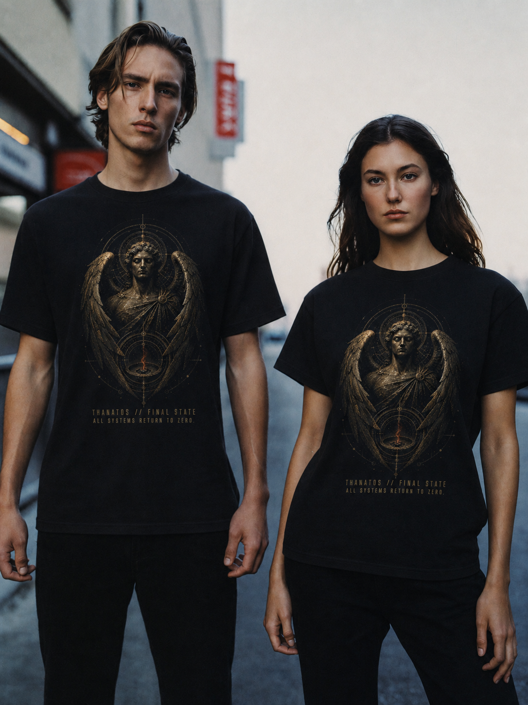 Thanatos Final State black T-shirt — couple Athens lifestyle shot 05