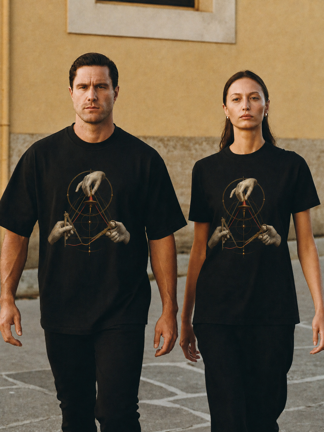 The Three Threads black T-shirt — couple Athens lifestyle shot 05
