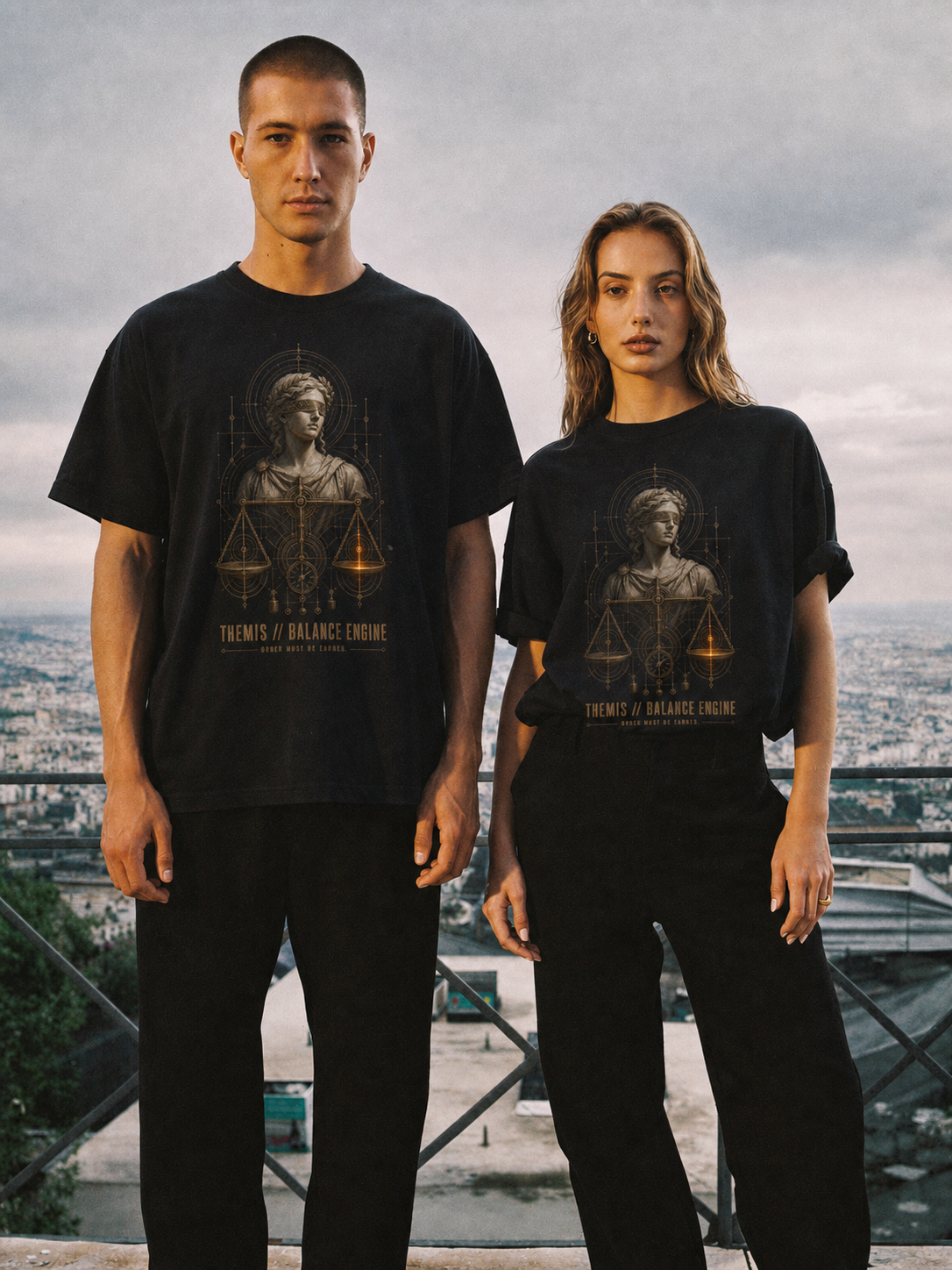 Themis Balance Engine black T-shirt — couple Athens lifestyle shot 05
