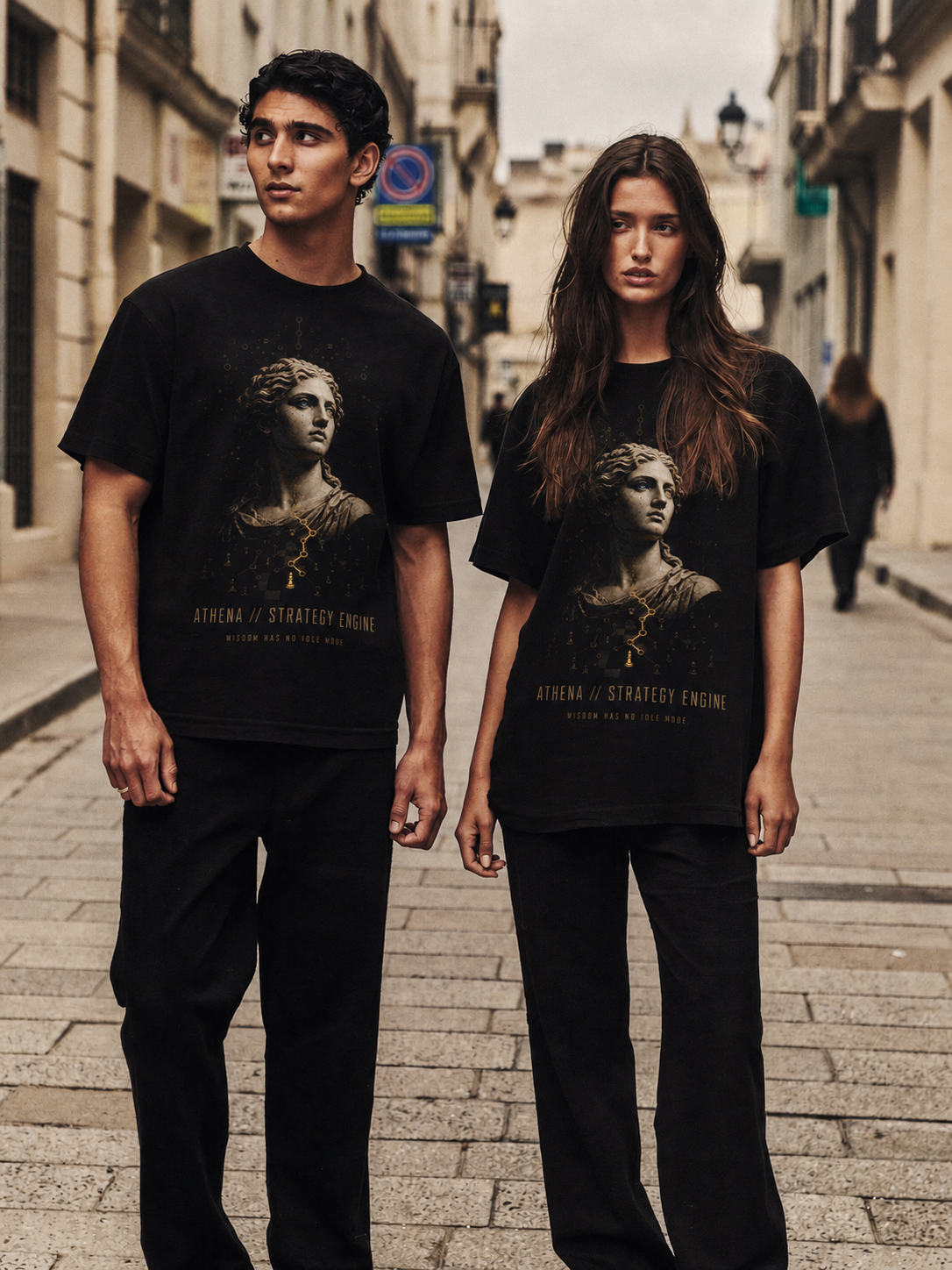 Athena Strategy Engine black T-shirt — couple Athens lifestyle view 1