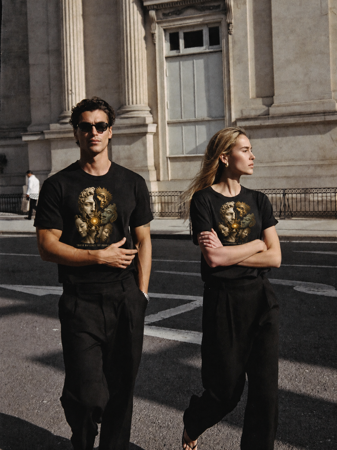 Xenophanes Beyond Image black T-shirt — couple Athens lifestyle shot 05