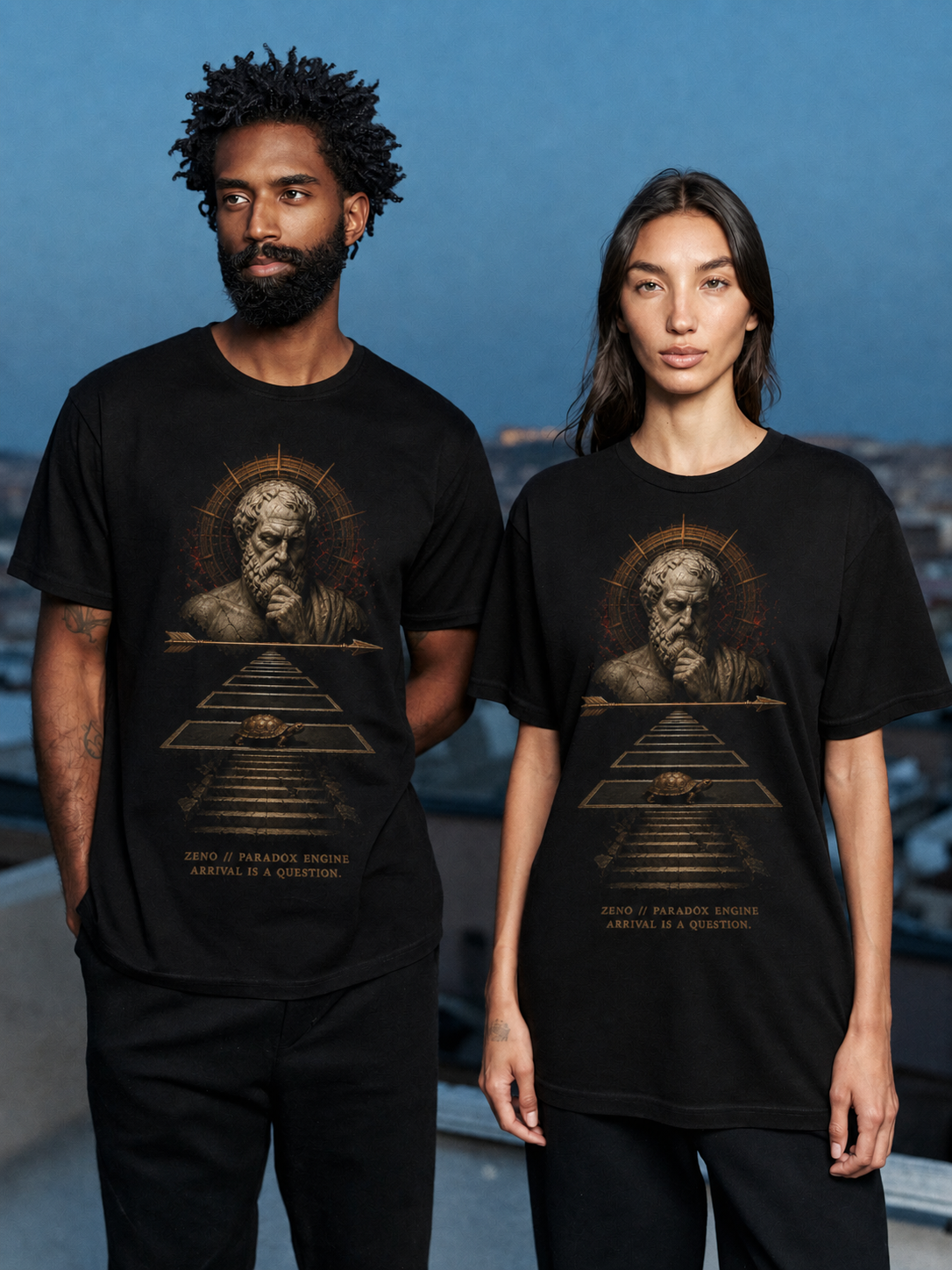 Zeno Paradox Engine black T-shirt — couple Athens lifestyle shot 05