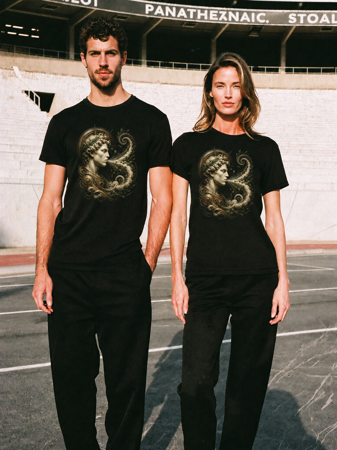 Zephyrus Spring Spiral black T-shirt — couple Athens lifestyle shot 05