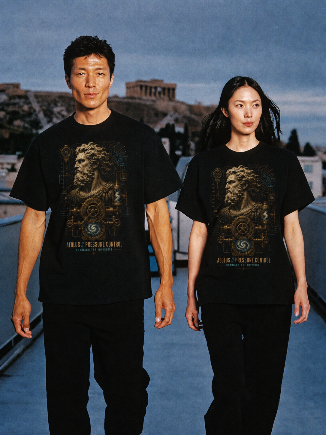 Aeolus Pressure Control black T-shirt — couple Athens lifestyle shot 06