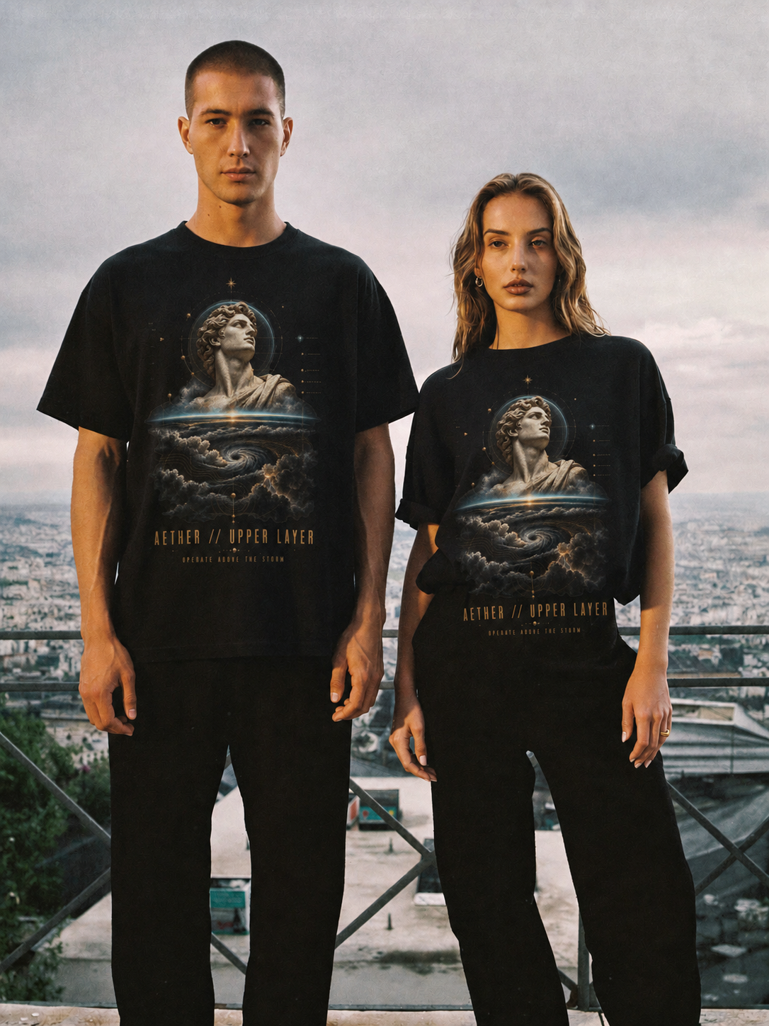 Aether Upper Layer black T-shirt — couple Athens lifestyle shot 06