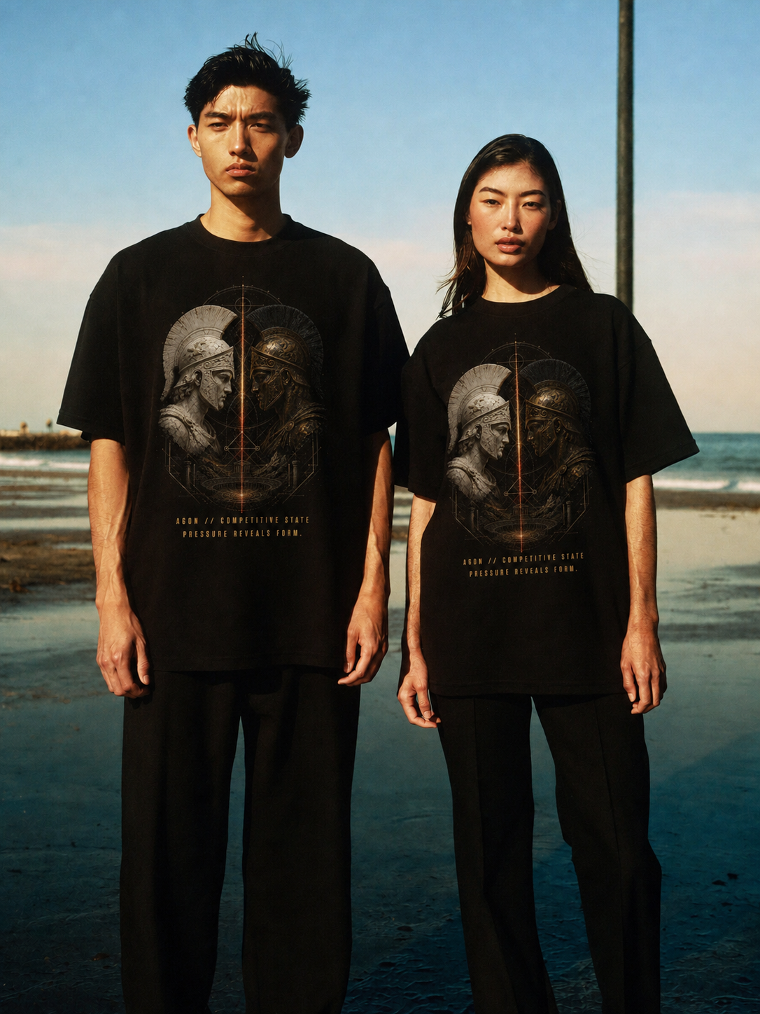 Agon Competitive State black T-shirt — couple Athens lifestyle shot 06