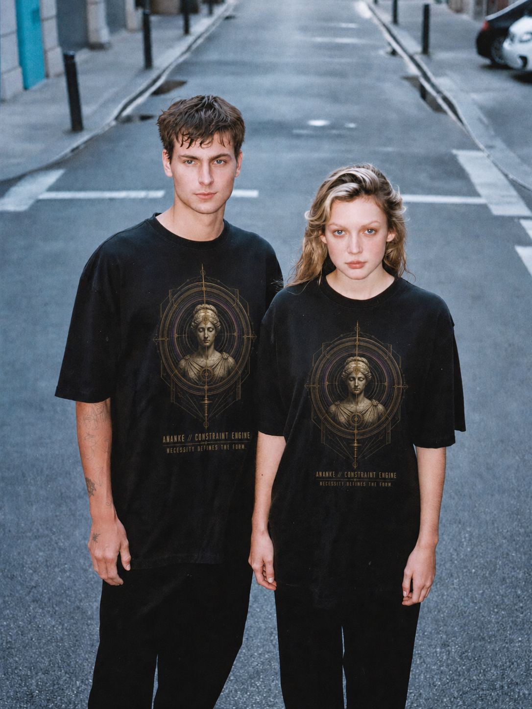 Ananke Constraint Engine black T-shirt — couple Athens lifestyle shot 06