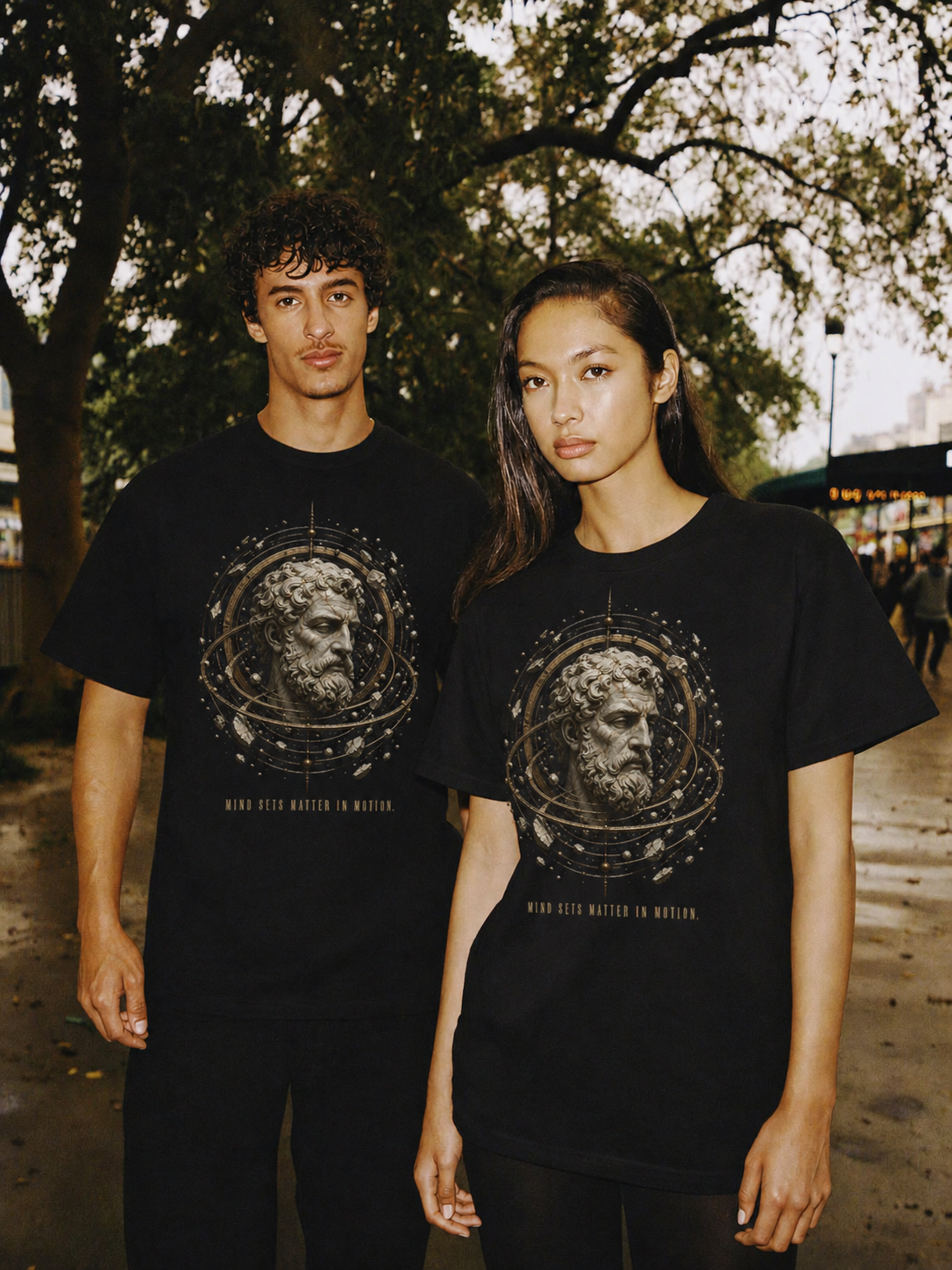 Anaxagoras Nous Engine black T-shirt — couple Athens lifestyle shot 06
